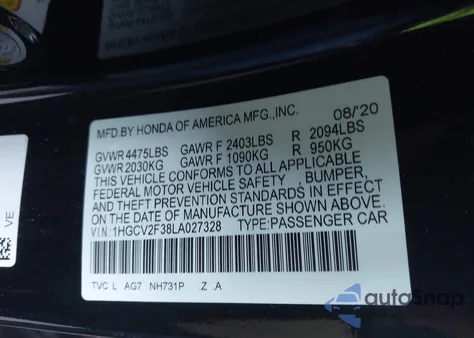 2020 Honda Accord Sport 2.0T from USA, damaged, VIN 1HGCV2F38LA027328